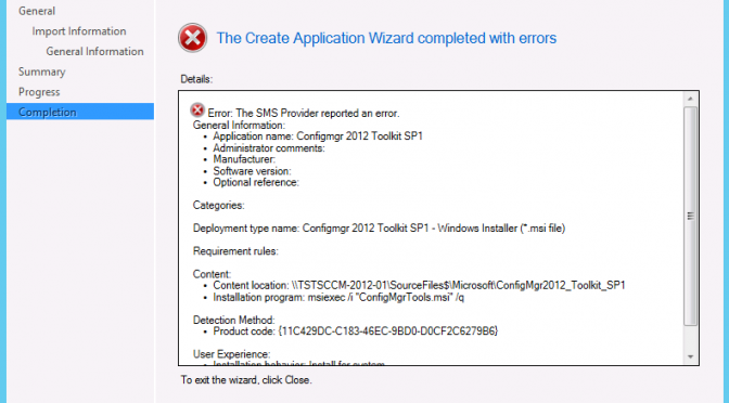 The Create Application Wizard completed with errors